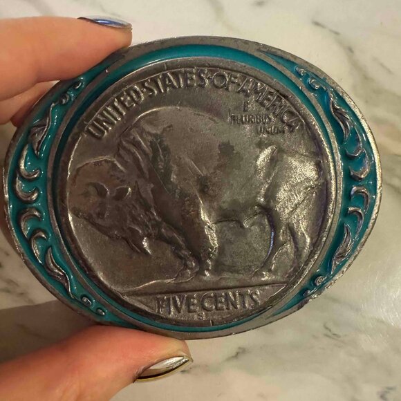 vintage 1988 Siskiyou Buckle Co. Buffalo Nickel Belt Turquoise - Picture 2 of 11